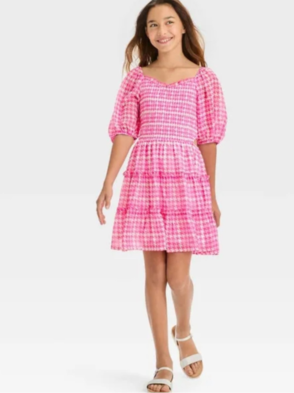 Girl’s Pink Gingham Tiered Puff-Sleeve Dress size 10